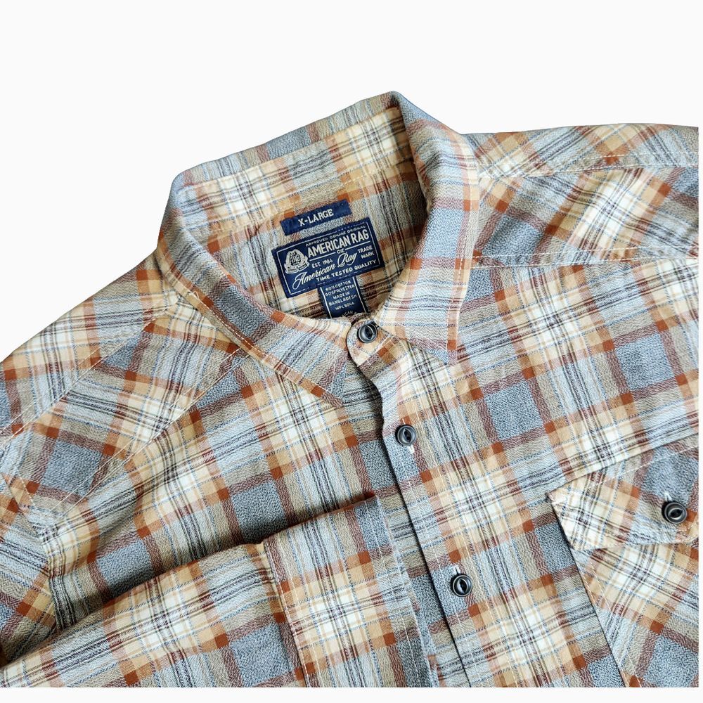 American Rag Button Down Shirt Mens XL Brown‎ Blue Plaid Western Casual Flannel